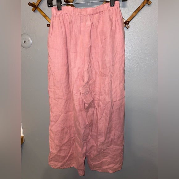 FLAX Lagenlook Light baby Pink Linen Wide Leg Pull On Capri Pants Pockets - Picture 3 of 7